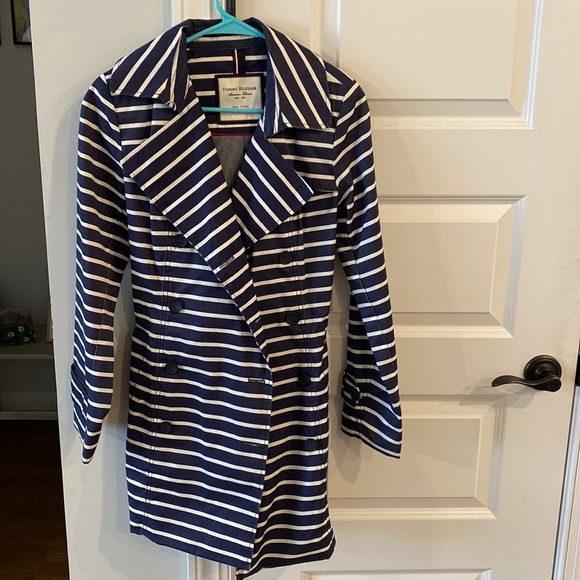 Women’s Tommy Hilfigure Navy and White Striped Belted Trench Rain Coat - Picture 1 of 8